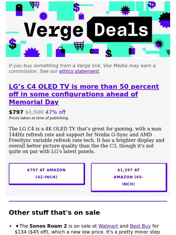 The Verge - LG's C4 OLED TV is seeing steep cuts ahead of Memorial Day