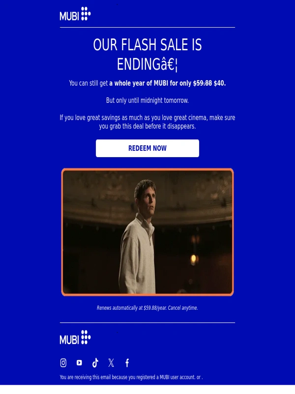 MUBI - 1 year of MUBI for $40. 1 more day
