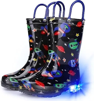 Toddler Rain Boots Boys Rain Boots - Patterns Light Up Kids Rain Boots with Easy-On Handles Lightwight Waterproof Rain Shoes (Toddler/Little/Big kids)