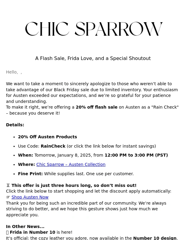 Chic Sparrow - Raincheck on Austen (3 Hour Flash Sale)