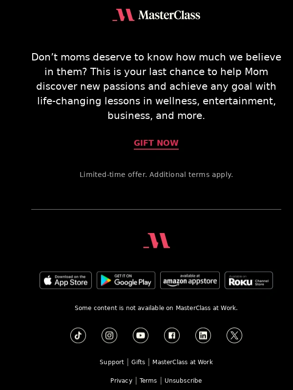 MasterClass - Ends tomorrow: 50% off the perfect gift for Mom