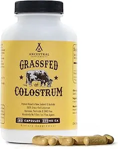 Ancestral Supplements Grass Fed Beef Colostrum Supplement, 3000 mg, Offers Immune Support and Promotes Gut Health, Athletic Performance, Healthy Iron Levels, Growth and Repair, Non GMO, 180 Capsules