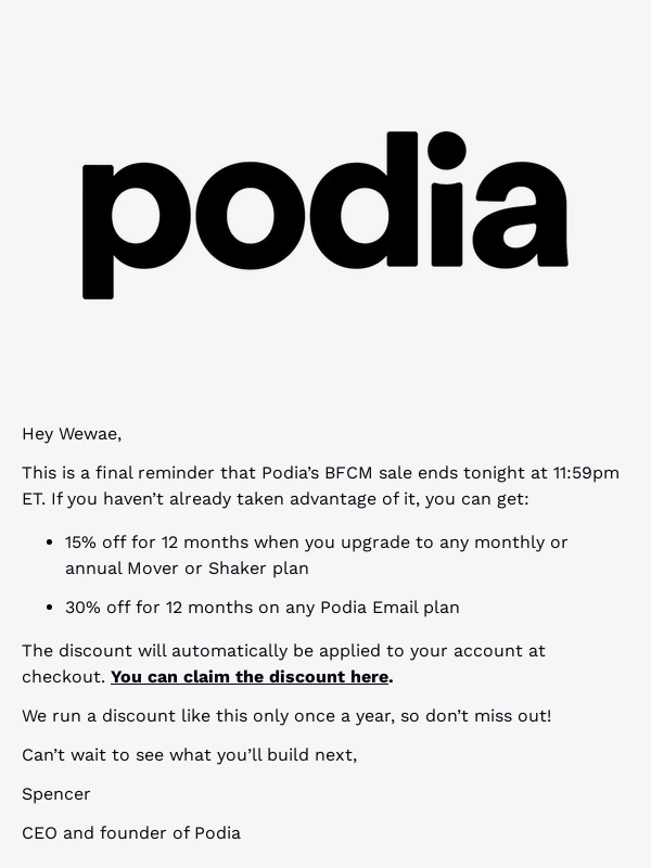 Podia - Last chance: Podia’s BFCM sale is ending!