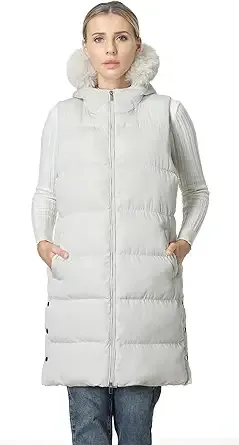 MOERDENG Women's Waterproof Long Puffer Vest, Sleeveless Warm Winter Coat Down Alternative Outerwear Hooded Jacket (Beige)