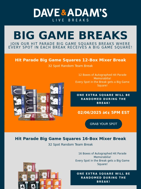 Dave & Adam's Card World - Live Breaks + Big Game Squares = Big Wins