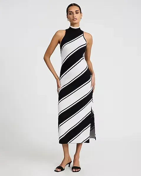 Striped Mock Neck Sleeveless Maxi Sweater Dress