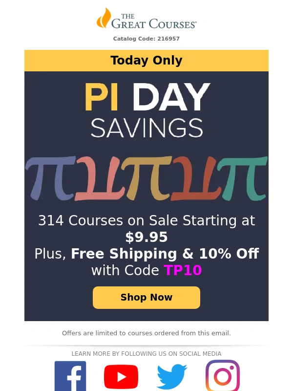 The Great Courses - Pi Day Sale: Free Shipping on 314 Courses + 10% Off!