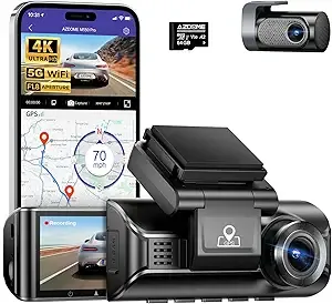 AZDOME 4K 5G WiFi Dash Cam Front and Rear, 3.18″ IPS Screen Dashcam for Car,64GB Card Included Dashboard Camera, 4K+1K Dual Dash Cam Built-in GPS WDR IR Night Vision, 24H Parking Mode Black