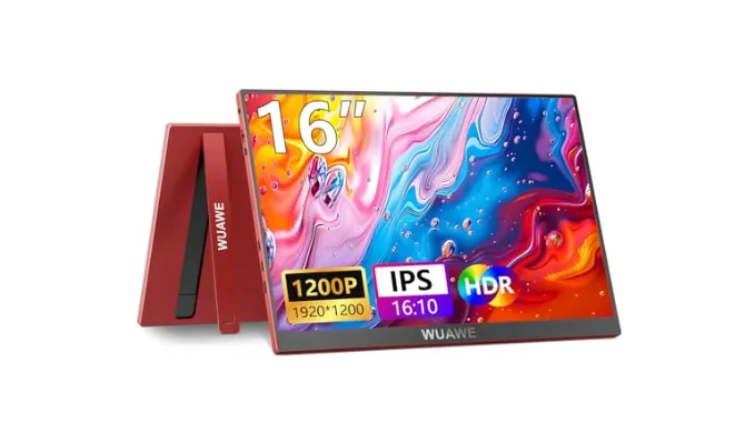 WUAWE Portable Monitor 16″ 1200P IPS Travel Monitor for Laptop with Built-in Stand,USB-C HDMI,100% sRGB HDR Freesync Display,Plug&Play for PC PS5 Switch (Red)