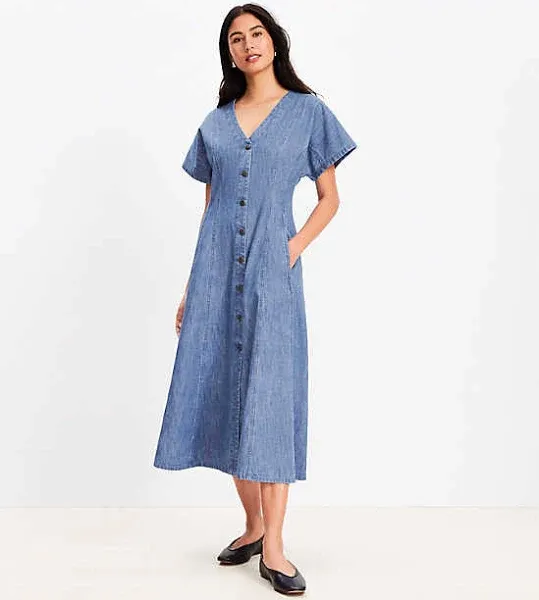 Loft Chambray V-Neck Midi Pocket Dress