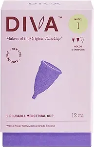 DIVA - Medical Grade Silicone Cup, Reusable Menstrual Cup, Up to 12 Hours Wear, Model 1, For Medium to Heavy Flow