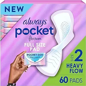 Always Pocket Feminine Pads for Women with FlexFoam, Size 2, Heavy Flow, with Wings, Unscented, 60 Count