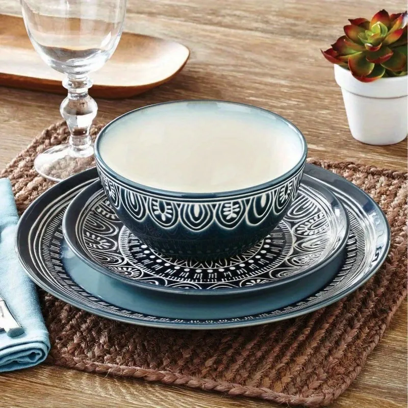 Teal Medallion 12-Piece Dinnerware Set