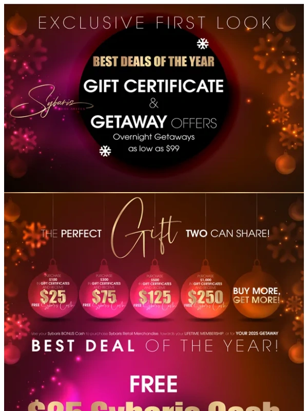Sybaris - EARLY ACCESS - $25 for Every $100 in Gift Card Purchased (Getaways as low as $99)