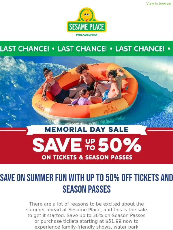 Sesame Place - ? Last Chance to Save up to 50% on admission for a limited time! ?