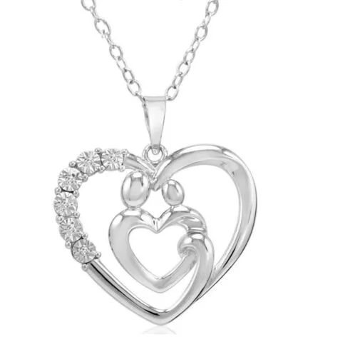 Mother with Child Real Diamond Heart Pendant in Sterling Silver Mothers Day GIft