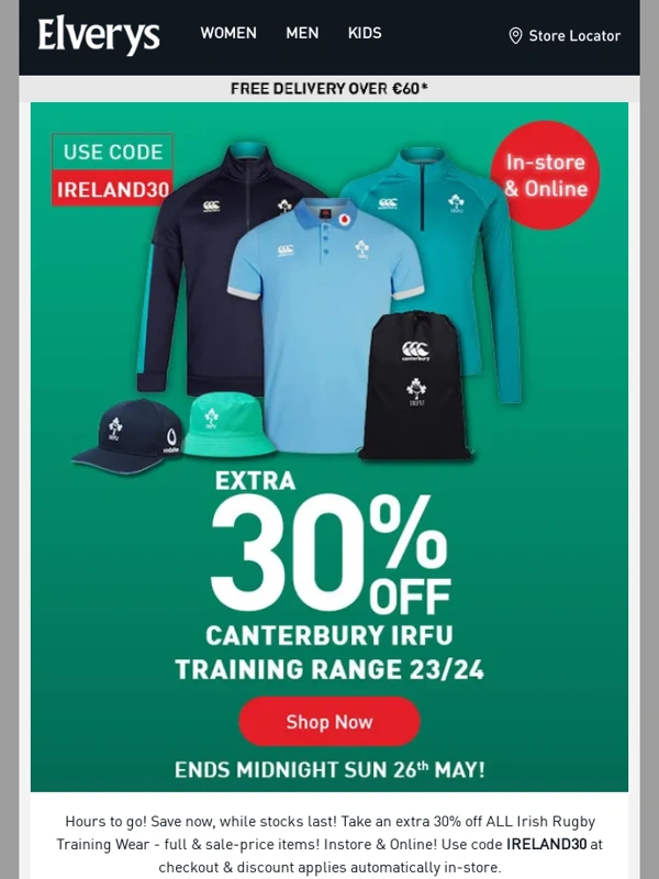 Elverys - Ends Midnight | 30% off Irish Rugby Training! ⚠️
