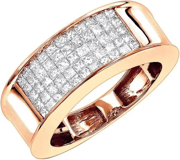 ItsHot 14K Gold Men's 1 carat Diamond Band Princess Cut Invisible Set Diamonds Ring