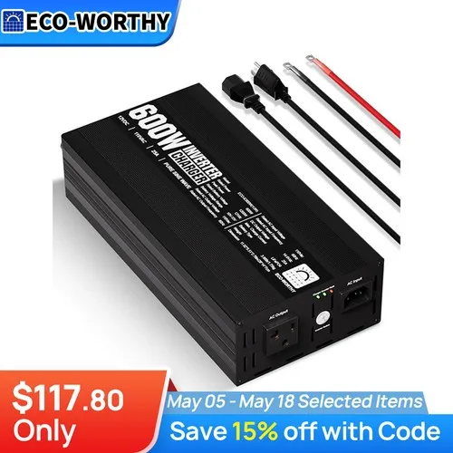 ECO-WORTHY 600W Inverter Pure Sine Wave 12V/110V UPS with 25A Battery Charger $117.8 + Free Shipping
