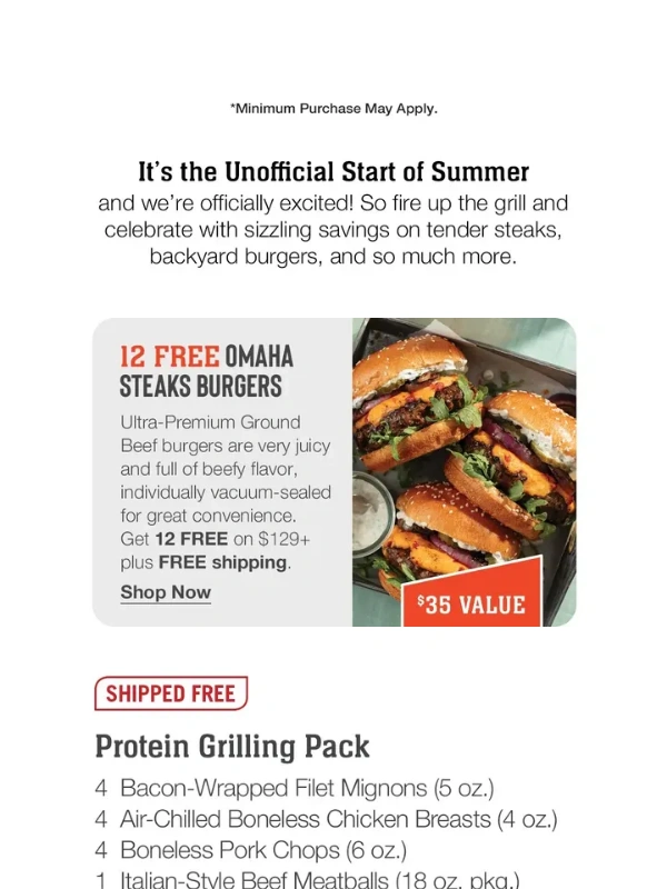 Omaha Steaks - Memorial Day Sale: 50% OFF + 12 FREE burgers