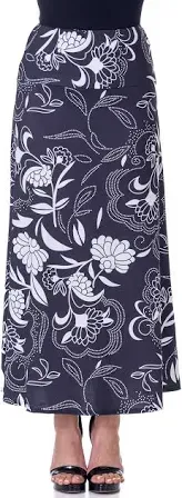 24seven Comfort Apparel Black and White Floral Elastic Waist Ankle Length Comfortable Maxi Skirt