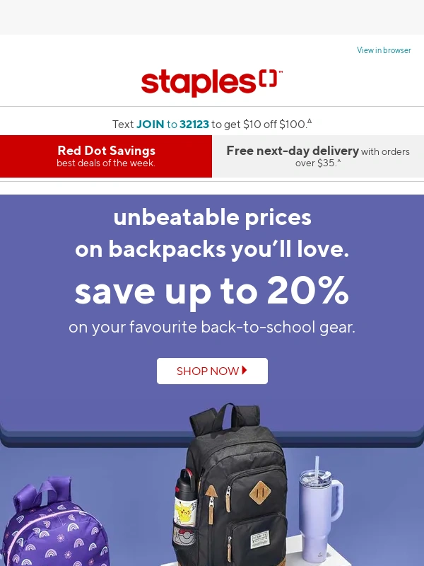 Staples Canada - Save up to 20% on top backpack brands!