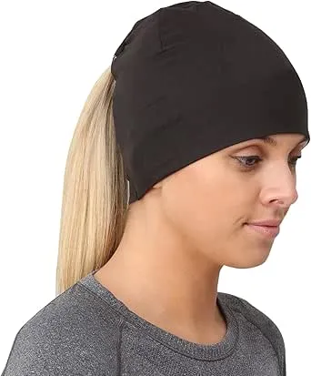 TrailHeads Ponytail Hat – Adrenaline Series | Womens Running Beanie with Reflective Accents | Black Skull Cap