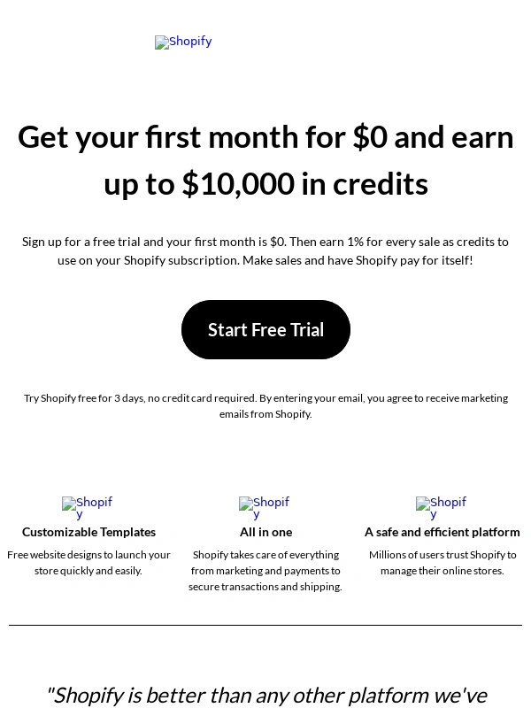 Shopify - Get your first month for $0 and earn up to $10,000 in credits