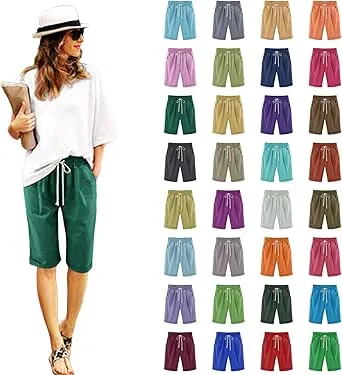 Summer Bermuda Shorts for Women 2025 Elastic Waist Knee Length Casual Loose Comfy Cotton Shorts with Drawstring(Green,L)