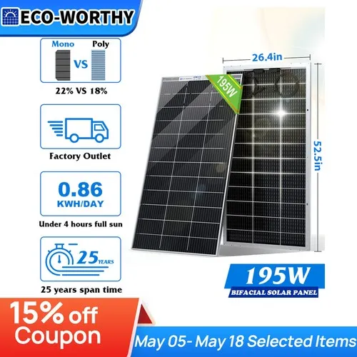 ECO-WORTHY Bifacial 100 Watt 12 Volt Solar Panel Monocrystalline Rigid High-Efficiency PV Module Power Charger for Sunsheds