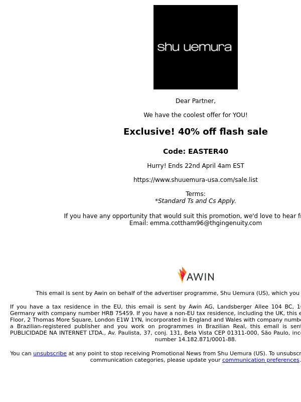 Shu Uemura - Fwd: Shu Uemura (US) (53199): FLASH 40% OFF!!