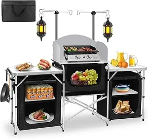 Seeutek Aluminum Portable Foldable Outdoor Cooking Table with Windscreen and 3 Storage Cupboards Multifunctional for BBQ