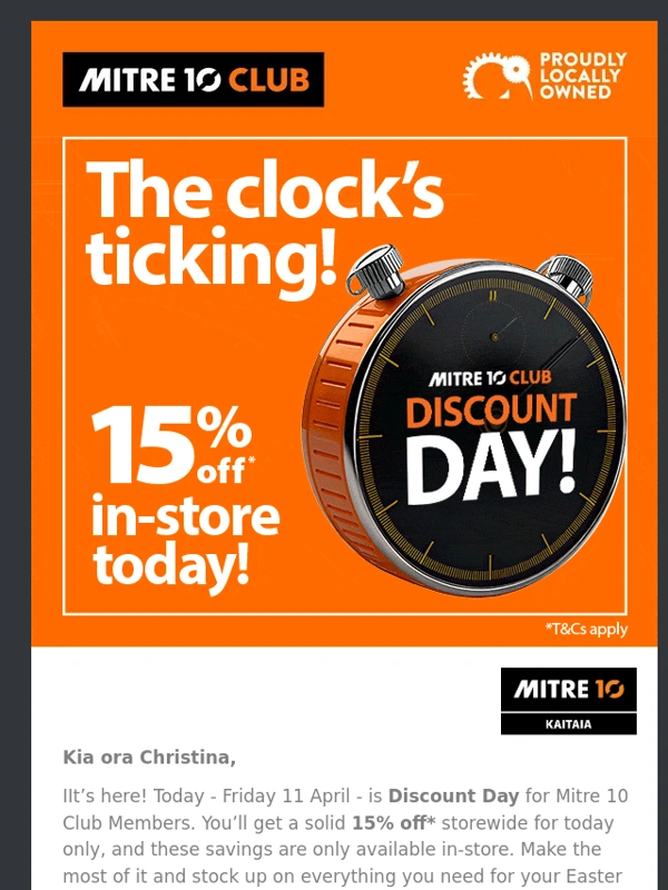 Mitre 10 - 15% off storewide,today only!