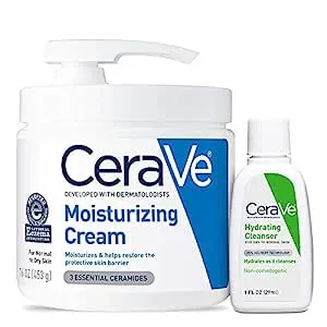CeraVe Moisturizing Cream Combo Pack, Contains 16 Ounce with Pump & 1 Ounce Hydrating Facial Cleanser, Dry Skin Relief