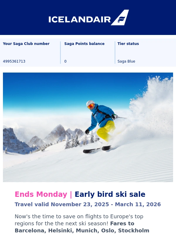 Icelandair - Ends soon: Early bird '25-'26 ski sale + Welcome aboard,Nashville!
