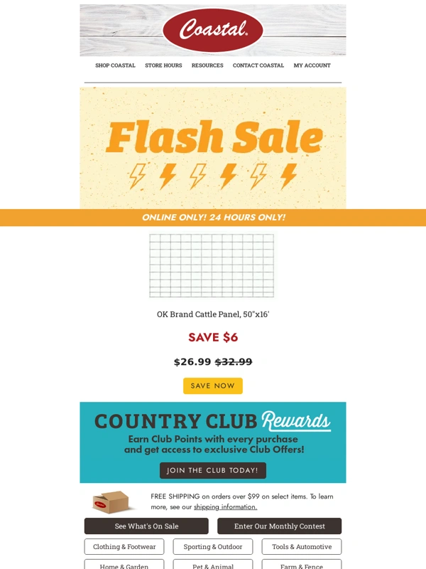 Coastal Farm and Ranch - ?Online Only: 24-Hour Flash Sale – Get $6 Off OK Brand Cattle Panel,50"x16'!
