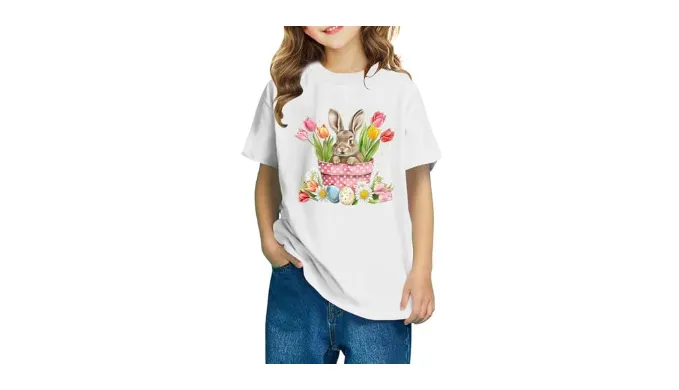 viwoeim Easter Day Tops for Kids Cute Bunny Rabbit Print Short Sleeve Tshirt 2025 Lovely Graphic Cotton Tees Blouse Boys Girls