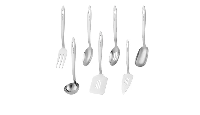 Stainless Steel Serving Utensils Set, HIFIND 7Pcs Small Kitchen Utensils Set, Small Utensils for Serving, Ladle, Slotted Spatula, Meat Fork, Slotted Spoon, Cake Server, Solid Spoon, Square Spoon
