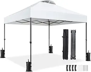 Amada 10x10ft 1-Person Setup Pop Up Canopy Tent – Easy Outdoor Sun Shade for Events, Parties, Camping, Gazebo with Wheel Cover Bag, Beach Tent with 3-Speed Adjustable Height,White