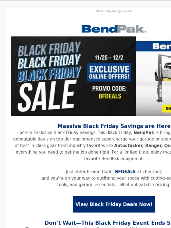 BendPak - Lock-In Exclusive Black Friday Savings