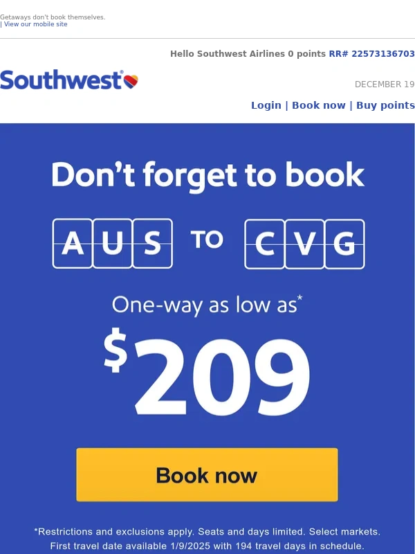 Southwest - It's official. You've got a low fare to Cincinnati!