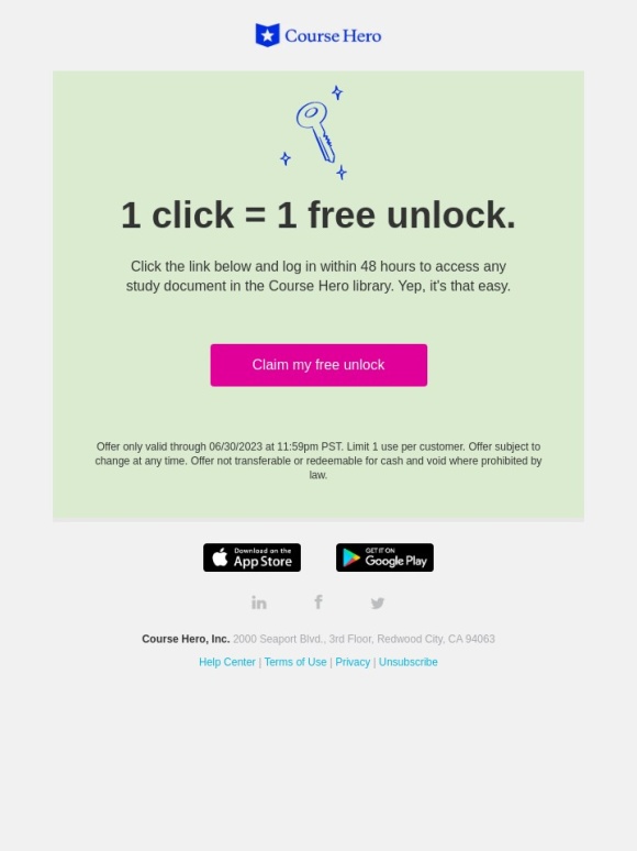 Course Hero - Congrats! A free unlock