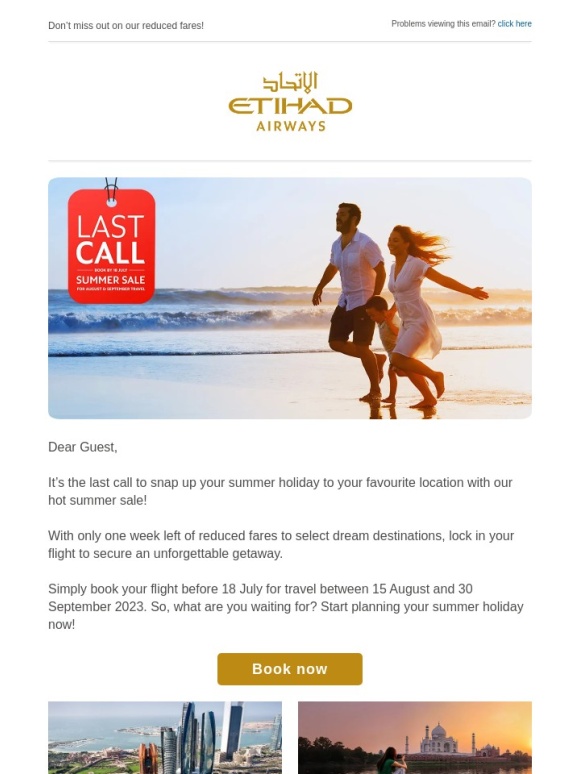 Etihad - Final chance for summer sale for August-September travel