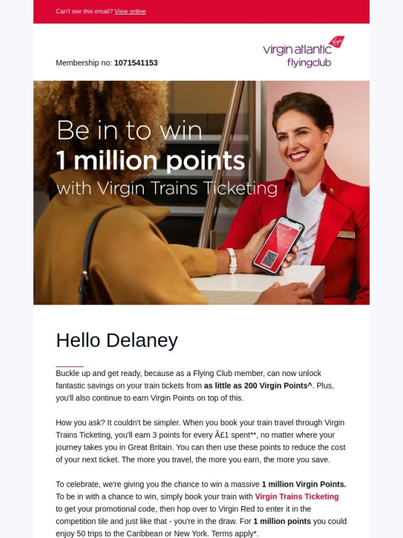 Virgin Atlantic Airlines - Be in to win 1 million Virgin Points