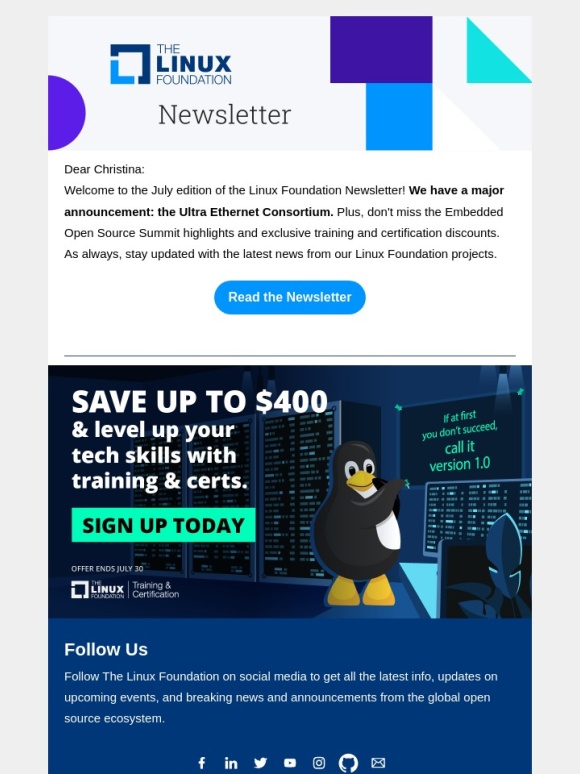 Linux Foundation -  Ultra Ethernet Consortium,Embedded Open Source Summit;  training & certification discounts; new research,and more!❗?❗