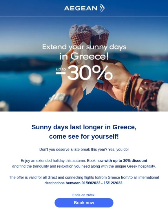 Aegean Airlines - We’ve extended your holidays for… less! Find your deal with up to -30%
