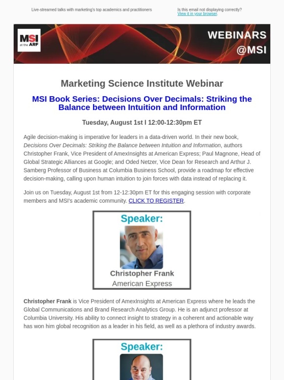 MSI - MSI Book Series Webinar: Decisions Over Decimals: Striking the Balance between Intuition and Information