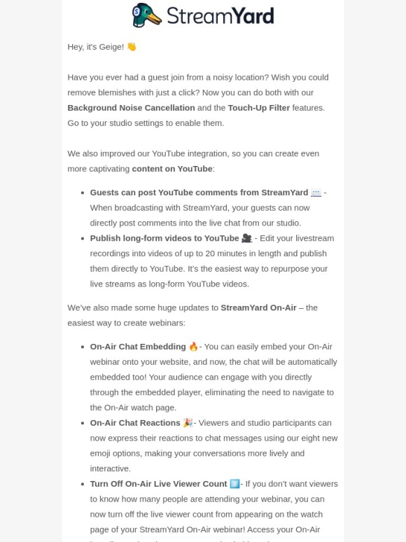 StreamYard - Noise Cancellation,Filters,On-Air updates & more