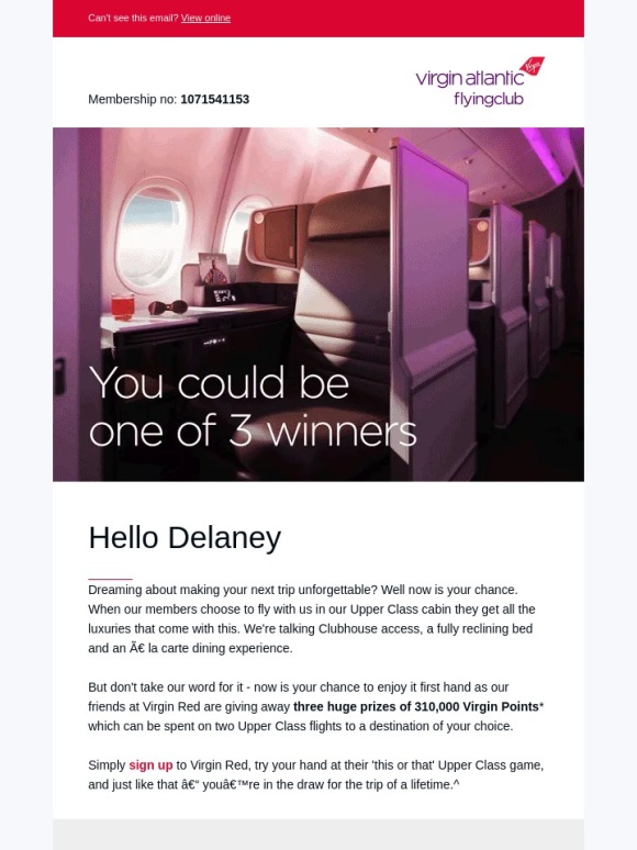 Virgin Atlantic Airlines - Three prizes of 2x Upper Class reward seats up for grabs