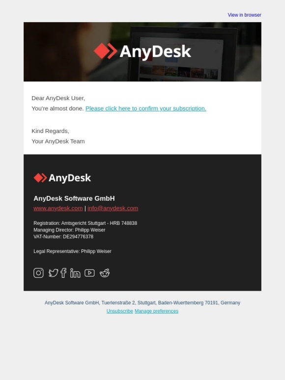 AnyDesk - Please Confirm Your Email Subscription